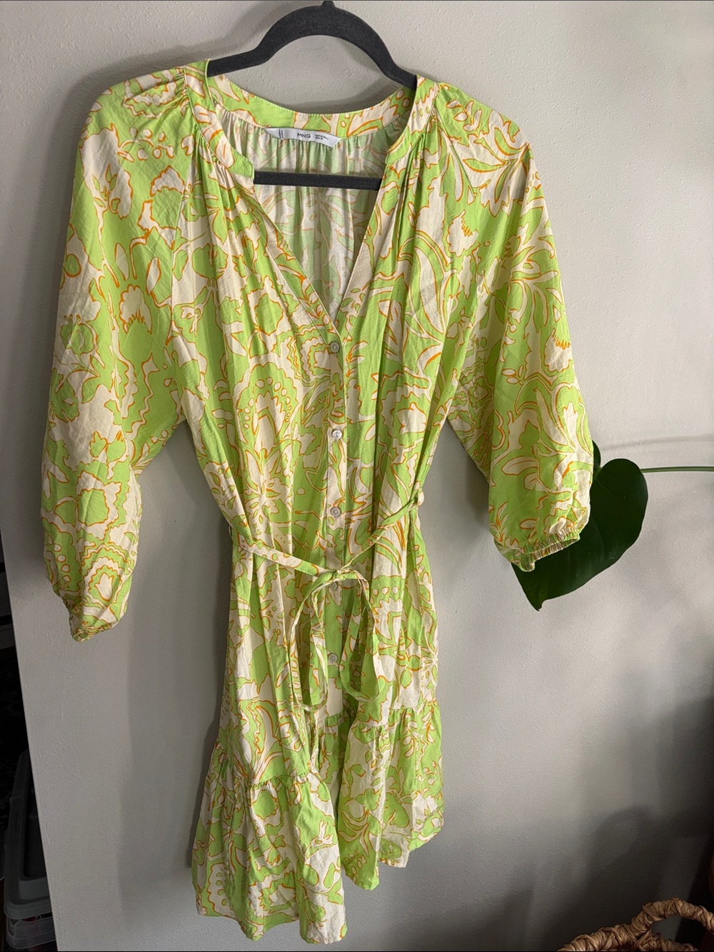 MNG Mango Lime Green and White Printed Tie-Waist  Dress